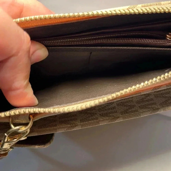 MKF Collection Phone Wallet Crossbody Bag Tan “M” Logo Faux Leather EUC - Picture 15 of 16